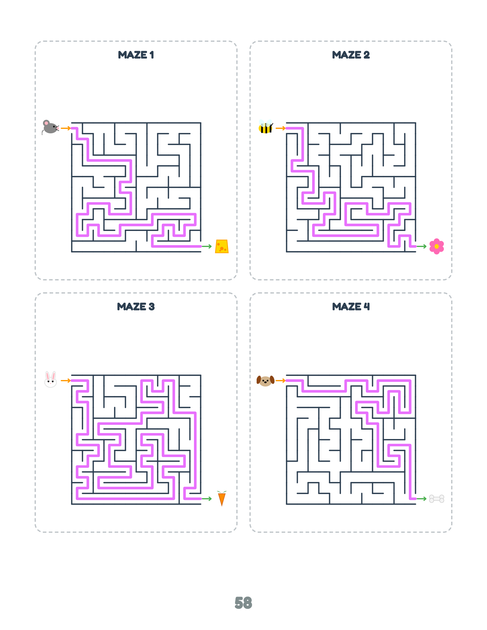 Solutions page: four solved mazes per page, solution paths drawn from the captured DFS stack